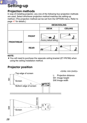 Page 2828
Setting-up
Projection methods
In way of installing projector, any one of the following four projection\
 methods
are used. Select whichever projection method matches the setting-up
method. (The projection method can be set from the OPTION menu. Refer t\
o
page 47 for details.)
FRONT/REAR FRONT
REAR
(Factory default setting)
NOTE:
B You will need to purchase the separate ceiling bracket (ET-PK780) when\
using the ceiling installation method.
Projector position
DESK/CEILING
DESK CEILING
L
L
SH
SW...