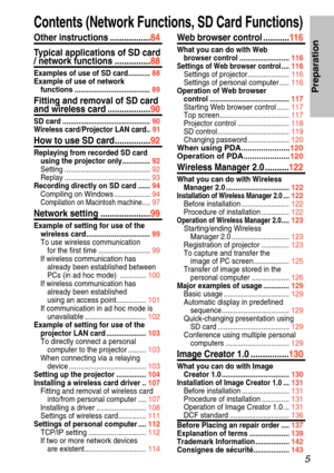 Page 55
Preparation
Contents (Network Functions, SD Card Functions)
Other instructions ................. 84
Typical applications of SD card
/ network functions  ............... 88
Examples of use of SD car d...........  88
Example of use of network  functions  ......................................  89
Fitting and removal of SD card
and wireless card  .................. 90
SD card ............................................  90
Wireless card /Projector LAN card .. 91
How to use SD car d............... 92...