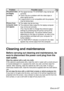 Page 57ENGLISH-57
Care and maintenance
The picture does
not display
correctly.
Picture from
computer does
not appear.Problem Possible cause
BThe signal format (“TV-SYSTEM”) may not be set
correctly.
BThere may be a problem with the video tape or
other signal source.
BA signal which is not compatible with the projector
may be being input.
BThe cable may be too long.
BThe external video output for the laptop computer
may not be set correctly.
(You may be able to change the external output
settings by pressing the...