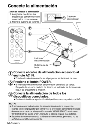 Page 98ENTER
FREEZE
SHUTTER
INDEX
WINDOW
PROJECTOR VOLUME D.ZOOMSTD VIDEOINPUT POWER
RGB
MENU
AUTO
SETUP
)
*
$
&
(
'Cubierta de la
lente
Indicador 
de alimentación
#
24-ESPAÑOL
Conecte la alimentación
Antes de conectar la alimentación
1. Asegúrese que todos los
dispositivos periféricos estén
conectados correctamente.
2. Retire la cubierta de la lente.Cable de
alimentación
NOTA:
B
Si se ha desconectado el cable de alimentación durante la proyección
cuando se usó el proyector por última vez, la proyección...