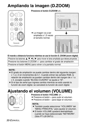 Page 10430-ESPAÑOL
ENTER
INDEX
WINDOW
PROJECTOR VOLUMESTD VIDEOINPUT POWER
RGB
MENU
AUTO
SETUP
SHUTTERFREEZE
D.ZOOM
BLa imagen va a ser
ampliada a 1,5 veces
el tamaño normal.
El mando a distancia funciona mientras se usa la función D. ZOOM (zoom digital)
Presione los botones F,G,Iy Hpara mover el área ampliada que desea proyectar.
Presione los botones D.ZOOM +/- para cambiar el grado de ampliación.
Presione el botón MENU para volver a la pantalla normal.
INDEX
WINDOW
PROJECTORSTD
D.ZOOMVOLUME
[
Ampliando la...