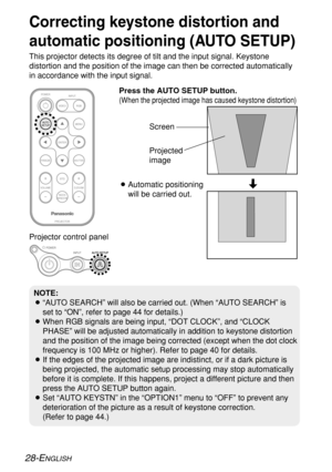 Page 2828-ENGLISH
Correcting keystone distortion and
automatic positioning (AUTO SETUP)
This projector detects its degree of tilt and the input signal. Keystone
distortion and the position of the image can then be corrected automatically
in accordance with the input signal.
ENTER
FREEZE
SHUTTER
INDEX
WINDOW
PROJECTOR VOLUME D.ZOOMSTD VIDEOINPUT POWER
RGB
MENU
AUTO
SETUP
Projector control panelPress the AUTO SETUP button.
(When the projected image has caused keystone distortion)
BAutomatic positioning
will be...