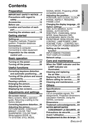 Page 5ENGLISH-5
Preparation
Contents
Preparation
IMPORTANT SAFETY NOTICE ...2
Precautions with regard to 
safety .........................................6
Accessories ...............................10
Before use ..................................11
Location and function of each
part ...........................................13
Inserting the wireless card .......18
Getting started
Setting-up ...................................19
Projection methods, Projector
position, Projection distances
Connections...