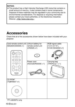 Page 1010-ENGLISH
Card remote control unit
(N2QADC000008 x1)
Power cord
(K2CG3DR00006 x 1)Carrying bag
(TPEP013-1 x 1) Lithium battery for
remote control unit
(CR2025 x1)RGB signal cable 
[1.8 m (5´10˝),
K1HA15DA0002 x1]
Accessories
Check that all of the accessories shown below have been included with your
projector.
ENTER
FREEZE
SHUTTER
INDEX
WINDOW
PROJECTOR VOLUME D.ZOOMSTD AUTO
SETUPVIDEOINPUT POWER
RGB
MENU
CD-ROM* 
(TQBH9007 x1)
*PT-LB20NTU only
NOTICE:
BThis product has a High Intensity Discharge (HID)...