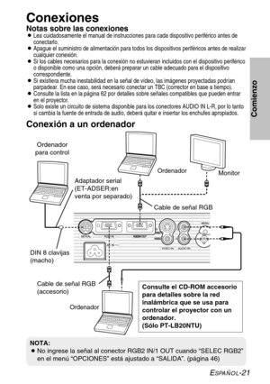 Page 97ESPAÑOL-21
Comienzo
Conexiones
Notas sobre las conexionesBLea cuidadosamente el manual de instrucciones para cada dispositivo periférico antes de
conectarlo.
BApague el suministro de alimentación para todos los dispositivos periféricos antes de realizar
cualquier conexión.
BSi los cables necesarios para la conexión no estuvieran incluidos con el dispositivo periférico
o disponible como una opción, deberá preparar un cable adecuado para el dispositivo
correspondiente.
BSi existiera mucha inestabilidad en...