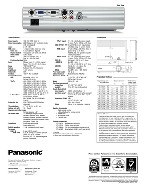 Page 4
Specifications
Power supply
Power consumption
Amps
LCD panelPanel size
Display method
Drive method
Pixels
Pixel configuration
Lens
Lamp
Colors
Brightness
Uniformity
Contrast
Scanning frequenc y 
RGB
YP
BPR
SVideo/Video 
Projection size
Throw distance
Optical axis shift
Keystone correction range
Onscreen menu
Installation
Builtin speakers
Terminals RGB1 IN RGB signal
100–240 V AC, 50/60 Hz
220  W (Approx. 4 W in standby mode
with fan stopped)
2.5  A–1.3 A
4:3 aspect ratio, micro lens array
0.6˝ (15.24...