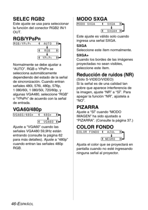 Page 12246-ESPAÑOL
SELEC RGB2
Este ajuste se usa para seleccionar
la función del conector RGB2 IN/1
OUT.
RGB/YPBPR
Normalmente se debe ajustar a
“AUTO”. RGB o YP
BPRse
selecciona automáticamente
dependiendo del estado de la señal
de sincronización. Cuando entran
señales 480i, 576i, 480p, 576p, 
1 080/60i, 1 080/50i, 720/60p, y
algunas VGA480, seleccione “RGB”
o “YP
BPR” de acuerdo con la señal
de entrada.
VGA60/480p
Ajuste a “VGA60” cuando las
señales VGA480 59,9Hz están
entrando (consulte la página 62
para más...