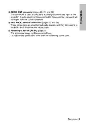 Page 15ENGLISH-15
Preparation
*AUDIO OUT connector (pages 20, 21, and 22)
This connector is used to output the audio signals which are input to the
projector. If audio equipment is connected to this connector, no sound will
be output from the built-in speakers.
+RGB AUDIO 1IN/2IN connectors (pages 20 and 21)
These connectors are used to input audio signals, and they correspond to
the RGB1 IN/2 IN connectors respectively.
,Power input socket (AC IN) (page 24)
The accessory power cord is connected here.
Do not...