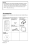 Page 1010-ENGLISH
Card remote control unit
(N2QADC000008 x1)
Carrying bag
(TPEP014 x 1) Lithium battery for
remote control unit 
(CR-2025/1F x1)RGB signal cable 
[1.8 m (5´10˝),
K1HA15DA0002 x1]
Accessories
Check that all of the accessories shown below have been included with your
projector.
ENTER
FREEZE
SHUTTER
INDEX
WINDOW
PROJECTOR VOLUME D.ZOOMSTD AUTO
SETUPVIDEOINPUT POWER
RGB
MENU
CD-ROM* 
(TQBH9007 x1)
*PT-LB30NTU only
NOTICE:
BThis product has a High Intensity Discharge (HID) lamp that contains a
small...