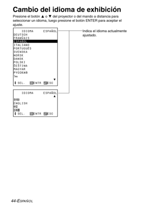 Page 12044-ESPAÑOL
Indica el idioma actualmente
ajustado.    IDIOMA     ESPAÑOLDEUTSCH
FRANÇAIS
ESPAÑOL
ITALIANO
PORTUGUÊS
SVENSKA
NORSK
DANSK
POLSKI
CESTINA
MAGYAR
yyyyyyyyyyyyyyyyyyyyÝ  SEL.    ENTR   ESC
    IDIOMA     ESPAÑOLyyyyyyyyyyyyyyyyyyyyÛ
ENGLISH¤
ÔŠ 
  SEL.    ENTR   ESC
Cambio del idioma de exhibición
Presione el botón Fo Gdel proyector o del mando a distancia para
seleccionar un idioma, luego presione el botón ENTER para aceptar el
ajuste. 