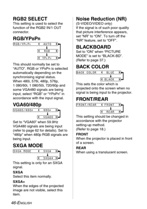 Page 4646-ENGLISH
RGB2 SELECT
This setting is used to select the
function of the RGB2 IN/1 OUT
connector.
RGB/YPBPR
This should normally be set to
“AUTO”. RGB or YP
BPRis selected
automatically depending on the
synchronising signal status.
When 480i, 576i, 480p, 576p, 
1 080/60i, 1 080/50i, 720/60p and
some VGA480 signals are being
input, select “RGB” or “YP
BPR” in
accordance with the input signal.
VGA60/480p
Set to “VGA60” when 59.9Hz
VGA480 signals are being input
(refer to page 62 for details). Set to...