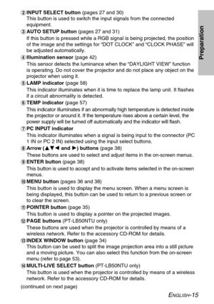 Page 15
ENGLISH-15
Preparation
$INPUT SELECT button  (pages 27 and 30)
This button is used to switch the input signals from the connected
equipment.
% AUTO SETUP button  (pages 27 and 31)
If this button is pressed while a RGB signal is being projected, the pos\
ition
of the image and the settings for “DOT CLOCK” and “CLOCK PHASE”\
 will
be adjusted automatically.
& Illumination sensor  (page 42)
This sensor detects the luminance when the “DAYLIGHT VIEW” functio\
n
is operating. Do not cover the projector and do...