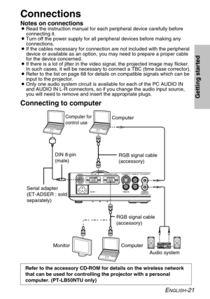 Page 21
ENGLISH-21
Getting started
Connections
Notes on connections
BRead the instruction manual for each peripheral device carefully before
connecting it.
B Turn off the power supply for all peripheral devices before making any
connections.
B If the cables necessary for connection are not included with the periphe\
ral
device or available as an option, you may need to prepare a proper cable\
for the device concerned.
B If there is a lot of jitter in the video signal, the projected image may\
 flicker.
In such...
