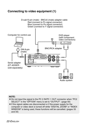 Page 22
22-ENGLISH

NOTE:
BDo not input the signal to the PC 2 IN/PC 1 OUT connector when “PC2
SELECT” in the “OPTION” menu is set to “OUTPUT”. (page 50)
B If the signal cables are disconnected or if the power supply for the
computer or video deck is turned off while “DIGITAL ZOOM” or “I\
NDEX
WINDOW” is being used, these functions will be cancelled. (pages 33
and 34)
Connecting to video equipment (1)
D-sub15-pin (male) - BNCx5 (male) adapter cable
DVD player
(with component
video connectors)
DIN 8-pin
(male)...