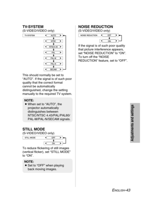 Page 43
ENGLISH-43
Adjustments and settings
NOISE REDUCTION
(S-VIDEO/VIDEO only)
If the signal is of such poor quality
that picture interference appears,
set “NOISE REDUCTION” to “ON”.
To turn off the “NOISE
REDUCTION” feature, set to “OFF”.
STILL MODE
(S-VIDEO/VIDEO only)
To reduce flickering of still images
(vertical flicker), set “STILL MODE”
to “ON”. This should normally be set to
“AUTO”. If the signal is of such poor
quality that the correct format
cannot be automatically
distinguished, change the setting...