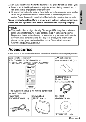 Page 9
ENGLISH-9
Preparation
Card remote control unit*
(PT-LB50NTU: N2QAYA000001 x1
PT-LB50U, PT-LB50SU: N2QAYA000002 x1)
Power cord
(K2CG3DR00006 x 1)Carrying bag
(TPEP018 x 1)AAA batteries for
remote control unit (x2) 
RGB signal cable 
[1.8 m (5´10˝),
K1HA15DA0002 x1]
Accessories
Check that all of the accessories shown below have been included with yo\
ur projector.

CD-ROM* 
(TQBH9008 x1)

*PT-LB50NTU only
Ask an Authorized Service Center to clean inside the projector at least \
once a year.
B
If dust is...