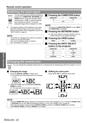 Page 28
Basic Operation
Remote control operation
ENGLISH - 28
You can switch the input method manually by 
pressing the COMPUTER , NETWORK  and 
VIDEO  buttons. Press the  required button 
several times or  I H  to cycle through the 
input methods as follows. The actual 
projected image will be  changed in a while.
 The graphical guidance will be displayed on the upper 
right of the projected image and you can confirm the 
selected input method which is highlighted in yellow. See 
“INPUT GUIDE” on page 40....
