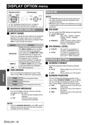 Page 40
ENGLISH - 40
Settings
DISPLAY OPTION menu
JINPUT GUIDE
When you change the input method, the guidance 
appears in the upper right corner of the screen. 
The following display methods  are available. Press 
I  H  to cycle through the options.
J OSD DESIGN
You can change the background colour of the 
menu. Press  I H  to select the required option.
J WARNING MESSAGE
You can let display only the minimum warning 
messages and hide others.
 ON All of the warning messages will be 
displayed.
  OFF Only the...