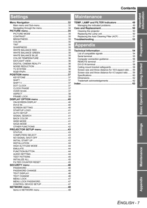 Page 7
Preparation
Getting Started
Basic Operation
Settings
Maintenance
Appendix
ENGLISH - 7
Contents
Important 
Information
Menu Navigation .......................................................32
Main menu and Sub-menu.............................................. 32
Navigating through the menu ... ....................................... 34
PICTURE menu ..........................................................35
PICTURE MODE ............................................................ 35
CONTRAST...