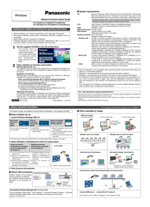 Page 1[Wireless Manager ME 4.5] :
This software is used to send screen images from a computer to the projector via
a  wireless  or  wired  LAN.  When  installing  this  software,  follow  the  instructions  on
the screen.
[Installation Free Set Up] :
Although  some  are  impossible,  you  can  use  the  basic  functions  of  Wireless
Manager ME 4.5 without installing it in the computer.When using Wireless Manager ME 4.5 without copying the program
Click [Direct CD-ROM Startup] to launch Wireless Manager ME...