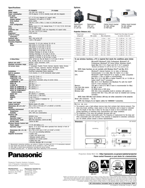 Page 6Model
Power supply
Power consumption
LCD panel
Panel size
Display method
Drive method
Pixels
Pixel configuration
Lens
Lamp
Projection size
Colors
Brightness*
1Center-to-corner 
uniformity*1Contrast ratio*1Resolution (RGB)
Scanning frequency 
RGB
YP
BPR
S-Video/Video 
Optical axis shift*
3Keystone correction range
On-screen menu
Installation
Built-in speakers
Terminals
COMPUTER 1 IN
COMPUTER 2 IN/
COMPUTER 1 OUT
COMPONENT IN
VIDEO IN 
S-VIDEO IN 
AUDIO IN (COMPUTER 1) 
AUDIO IN (COMPUTER 2)
AUDIO IN...