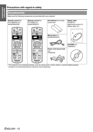 Page 12
Precautions with regard to safety
ENGLISH - 12
Important 
Information
Make sure the following accessories are provided with your projector.
* The protectors for enclosed products , such as a plug cover or foam cartons, must be treated properly.
* Contact to an Authorised Service Centre for lost accessories.
Accessories
Remote control  for 
PT-F300NTE (x1)
N2QAYB000308 Remote control
 for 
PT-F300E (x1)
N2QAYB000311 AA batteries
 for remote 
control (x2) Safety cable
TTRA0141
Attachment screw (x1)
Safety...