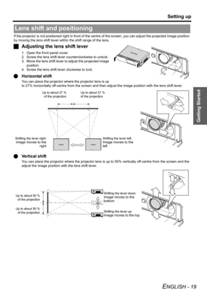 Page 19
Getting Started
Setting up
ENGLISH - 19
If the projector is not positioned right in front of the centre of the screen, yo u can adjust the projected image position 
by moving the lens shift lever within the shift range of the lens.
J Adjusting the le ns shift lever
1. Open the front panel cover.
2. Screw the lens shift lever counterclockwise to unlock.
3. Move the lens shift lever to adjust the projected image 
position.
4. Screw the lens shift lever clockwise to lock.
Q Horizontal shift
You can place...