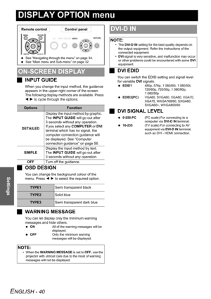 Page 40
ENGLISH - 40
Settings
DISPLAY OPTION menu
JINPUT GUIDE
When you change the input method, the guidance 
appears in the upper right corner of the screen. 
The following display methods  are available. Press 
I  H  to cycle through the options.
J OSD DESIGN
You can change the background colour of the 
menu. Press  I H  to select the required option.
J WARNING MESSAGE
You can let display only the minimum warning 
messages and hide others.
 ON All of the warning messages will be 
displayed.
  OFF Only the...