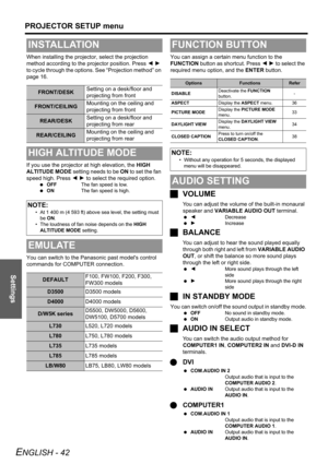 Page 42
Settings
PROJECTOR SETUP menu
ENGLISH - 42
When installing the projector, select the projection 
method according to the projector position. Press  I H  
to cycle through the options. See “Projection method” on 
page 16.
If you use the projector at high elevation, the  HIGH 
ALTITUDE MODE  setting needs to be  ON to set the fan 
speed high. Press  I H  to select the required option.
  OFF The fan speed is low.
  ON The fan speed is high.
You can switch to the Panasonic past models control 
commands for...