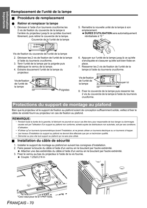 Page 70
Information ImportanteRemplacement de l unité de la lampe
FRANÇAIS - 70
JProcédure de remplacement
QRetirer et remplacer la lampe
1. Dévisser à laide dun tournevis cruciforme les 
2 vis de fixation du couvercle de la lampe à 
larrière du projecteur jusquà ce quelles tournent 
librement, puis retirer le  couvercle de la lampe.
2. Dévisser les 2 vis de fixa tion de lunité de la lampe 
à laide du tournevis cruciforme.
3. Tenir lunité de la lampe par la poignée puis  débloquer le verrou de la lampe.
4....
