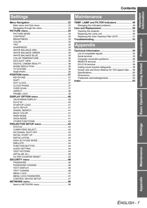 Page 7
Preparation
Getting Started
Basic Operation
Settings
Maintenance
Appendix
ENGLISH - 7
Contents
Important 
Information
Menu Navigation .......................................................32
Main menu and Sub-menu.............................................. 32
Navigating through the menu ... ....................................... 34
PICTURE menu ..........................................................35
PICTURE MODE ............................................................ 35
CONTRAST...