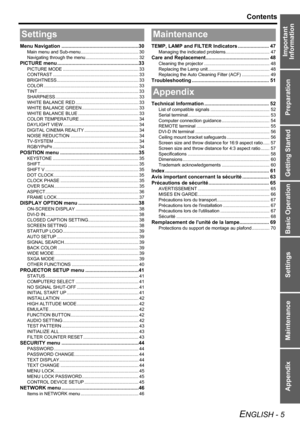 Page 5
Preparation
Getting Started
Basic Operation
Settings
Maintenance
Appendix
ENGLISH - 5
Contents
Important 
Information
Menu Navigation .......................................................30
Main menu and Sub-menu.............................................. 30
Navigating through the menu ... ....................................... 32
PICTURE menu ..........................................................33
PICTURE MODE ............................................................ 33
CONTRAST...