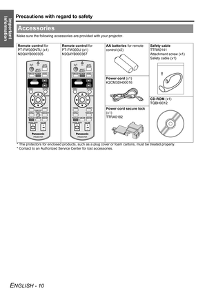 Page 10
Precautions with regard to safety
ENGLISH - 10
Important 
Information
Make sure the following accessories are provided with your projector.
* The protectors for enclosed products , such as a plug cover or foam cartons, must be treated properly.
* Contact to an Authorized Service Center for lost accessories.
Accessories
Remote control  for 
PT-FW300NTU (x1)
N2QAYB000305 Remote control
 for 
PT-FW300U (x1)
N2QAYB000367 AA batteries
 for remote 
control (x2) Safety cable
TTRA0141
Attachment screw (x1)...