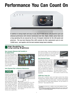Page 2High Durability for 
Long-Lasting Brightness
New Inorganic Materials Add Durability to 
the Optical Block
The F300 Series projectors’
optical block maintains a high
level of performance over
time, due to the use of inor-
ganic materials in the LCD
panels and polarizers. It also
makes them the logical choice
for a truly dependable LCD
projector system.
Auto Cleaning Filter to Minimize Maintenance
Panasonic’s proprietary Auto
Cleaning Filter (ACF) uses a
highly efficient electrostatic
filter called the...