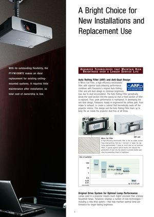 Page 2With its outstanding flexibility, the
PT-FW100NTE makes an ideal
replacement for existing ceiling-
mounted systems. It requires little
maintenance after installation, so
total cost of ownership is low.
A Bright Choice for 
New Installations and
Replacement Use
Auto Rolling Filter (ARF) and Anti-Dust Design
A Micro Cut Filter, a high-efficiency electrostatic
filter, with superior dust-collecting performance
combines with Panasonic’s original Auto Rolling
Filter and anti-dust design to minimise brightness...