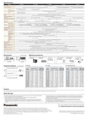 Page 2Replacement lamp unitET-LAL100Replacement filter unitET-RFL100Ceiling mount
bracket for
high ceilings*⁷
ET-PKV100H
Ceiling mount bracket
for low ceilings*⁷
ET-PKV100S
Bracket assemblyET-PKL100BD-Sub/S-VIDEO 
conversion cable
ET-ADSV
ModelPT-LW25H PT-LX30HPT-LX26H PT-LX26PT-LX22Power supply
100-240 V AC, 50/60 Hz
Power consumption 297 W (0.47 W in Eco standby mode*1, 8.6 W in Network standby mode.) 297 W (0.47 W in Eco standby mode*1, 
8.6 W in Serial standby mode.) 287 W (0.47 W in Eco standby mode*1,...
