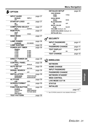 Page 31Menu Navigation
ENGLISH - 31
Settings
 OPTION
 SECURITY
 WIRELESS
INPUT GUIDEpage 37
DETAILEDSIMPLE
OFF
STARTUP LOGOpage 37
ONOFF
USER
COMPUTER2 SELECTpage 37
INPUTOUTPUT
RGB/YPBPRpage 37
AUTO
RGB YPBPR
WIDE MODEpage 37
OFF
ON
LAMP POWERpage 38
STANDARDECO-MODE
LAMP RUNTIMEpage 38
POWER OFF TIMERpage 38
DISABLE
15 MIN. 20 MIN.
25 MIN. 30 MIN.
35 MIN. 40 MIN.
45 MIN. 50 MIN.
55 MIN. 60 MIN.
DIRECT POWER ONpage 38
OFFON
CONTROL PANELpage 38
VALIDINVALID
AUTO SETUPpage 38
AUTOBUTTON
SIGNAL SEARCHpage 38...