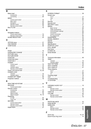 Page 57Appendix
Index
ENGLISH - 57
M
Mains lead
Accessories ................................................................ 12
Connecting ................................................................. 20
MENU
Control panel button .................................................... 14Main menu ................................................................. 30
Navigation .................................................................. 29
Remote control...