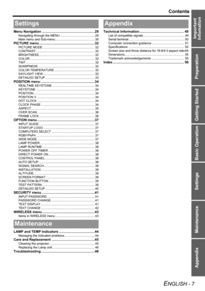 Page 7Preparation Getting Started Basic Operation Settings Maintenance Appendix
ENGLISH - 7
Contents
Important 
Infomation
Menu Navigation .......................................................29
Navigating through the MENU ........................................ 29
Main menu and Sub-menu.............................................. 30
PICTURE menu ..........................................................32
PICTURE MODE ............................................................ 32
CONTRAST...