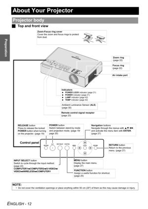 Page 12ENGLISH - 12
Preparation
About Your Projector
JTop and front view
Projector body
NOTE:
• Do not cover the ventilation openings or place anything within 50 cm (20) of them as this may cause damage or injury.
Zoom-Focus ring cover
Cover the zoom and focus rings to protect 
from dust.
Navigation buttons
Navigate through the menus with FGIH, 
and activate the menu item with ENTER. 
(page 27)
MENU button
Display the main menu. 
(page 27)
Control panelFUNCTIONFUNCTIONMENUMENURETURNRETURNINPUT SELECTINPUT...