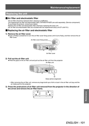 Page 101Maintenance/replacement
ENGLISH - 101
Maintenance
Replacing the unit
▶■Air filter and electrostatic filter
The air filter should be replaced when cleaning is ineffective.
The replacement air filter and electrostatic filter (TXFKN01RYNZP) are sold separately. (Service component)
To purchase the product, consult your dealer.
Replace the air filter and electrostatic filter whenever replacing the lamp unit.
(An air filter and electrostatic filter are included with the replacement lamp unit ET
-LAA110.)...