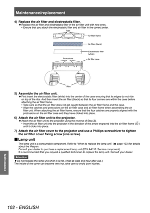 Page 102Maintenance/replacement 
102 - ENGLISH
Maintenance
4) Replace the air filter and electrostatic filter.
▶zReplace the air filter and electrostatic filter in the air filter unit with new ones.
•
 
Ensure that you attach the electrostatic filter and air filter in the correct order .
Tabs
Air filter frame
Air filter case Air filter (black)\o
Electrostatic filte\or 
(\fhite)
Protrusio\bs
Ribs
5) Assemble the air filter unit.
▶zFirst insert the electrostatic filter (white) into the center of the case ensuring...
