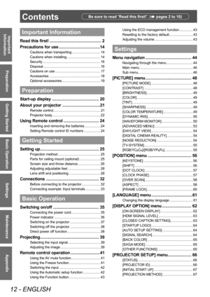 Page 12Contents
12 - ENGLISH
Important 
Information
Preparation
Getting Started
Basic Operation
Settings
Maintenance
Appendix
Important Information
Read this first! ............................................ 2
P recautions for use
 ...................................1
 4
Cautions when transporting ............................. 14
Cautions when installing
 ...........
 ....................... 14
Security
 ............

............................................... 16
Disposal
 ..............