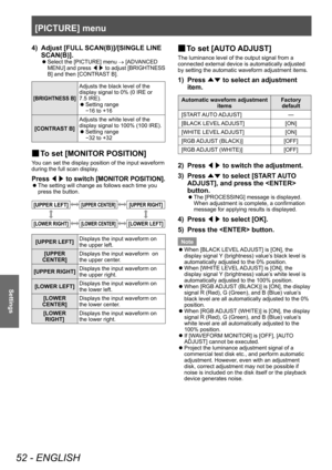 Page 52[PICTURE] menu
52 - ENGLISH
Settings
4) Adjust [FULL SCAN(B)]/[SINGLE LINE 
SCAN(B)].
▶z Select the [PICTURE] menu 
→ [ADV ANCED 
MENU] and press  ◀▶ to adjust [BRIGHTNESS 
B] and then [CONTRAST B].
[BRIGHTNESS B]
Adjusts the black level of the 
display signal to 0% (0   IRE or 
7.5
  IRE).
 zSetting range
-16 to +16
[CONTRAST B] Adjusts the white level of the 
display signal to 100% (100 IRE).
 z
Setting range
-32 to +32
▶■ To set [MONITOR POSITION]
You can set the display position of the input waveform...