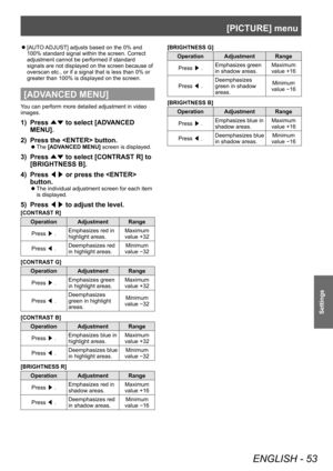 Page 53[PICTURE] menu
ENGLISH - 53
Settings
 z[AUTO ADJUST] adjusts based on the 0% and 
100% standard signal within the screen. Correct 
adjustment cannot be performed if standard 
signals are not displayed on the screen because of 
overscan etc., or if a signal that is less than 0% or 
greater than 100% is displayed on the screen.
[ADVANCED MENU]
You can perform more detailed adjustment in video 
images.
1) Press  ▲▼ to select [ADV
ANCED 
MENU].
2)
 
Press the  button.
▶z The  [ADVANCED MENU]
 screen is...