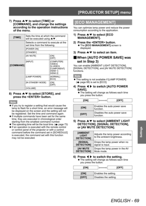Page 69[PROJECTOR SETUP] menu
ENGLISH - 69
Settings
7) Press ▲▼ to select [TIME] or 
[COMMAND], and change the settings 
a
ccording to the operation instructions 
of the menu.
[TIME] Sets the time at which the command 
will be executed using 
▲▼.
[COMMAND]
Selects a command to execute at the 
set time from the following.
[POWER ON]
[STANDBY]
[AV MUTE]
[ON]
[OFF]
[INPUT] [COMPUTER]
[VIDEO]
[S-VIDEO]
[COMPONENT]
[HDMI 1]
[HDMI 2]
[LAMP POWER] [NORMAL] [ECO]
[IN STANDBY MODE] [ON] [OFF]
[VOLUME]
8) Press  ▲▼ to...