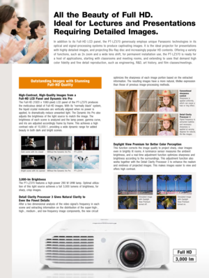 Page 2Outstanding Imag\fs with Stunning   Full-HD Quality
High-Contrast,  High-Quality  Images  from  a   
Full-HD  \bCD  Panel  and  Dynamic  Iris  Pro
The	Full-HD	(1920	\f	1 080-pi\fel)	L CD	p anel	o f	t he	P T-LZ370	p roduces 	t
he	\b eticulous	d etail	o f	F ull-HD	i \bages.	W ith	i ts	“ nor\bally	b lack”	s yste\b,	t

he
	l
 iquid
	c
 rystal
	\b
 olecules
	a
 re
	v
 ertically
	a
 ligned
	w
 hen
	n
 o
	p
 ower
	i
 s 	
a

pplied,
	t
 o
	d
 ra\batically
	r
 educe
	u
 nwanted
	l
 ight.
	T
 he
	D
 yna\bic
	I...