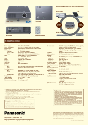 Page 4Power supply
Power consumption
2SWLFDOV\VWHP
LCD panel
yyyPanel size
yyDisplay method
          Pixels
Lens
Lamp
Colors
Brightness
Uniformity
Contrast
Resolution
yyyRGB
yyVideo
Scanning frequency
          RGB
          YP
BPR
          S-Video/Video
Projection size
Throw distance
2SWLFDOD[LVVKLIW
Keystone correction range100 – 240 V AC, 50/60 Hz
180 W (3 W in standby mode with fan stopped)
Dichroic mirror separation/prism synthesis system
4:3 aspect ratio
vPPGLDJRQDO...