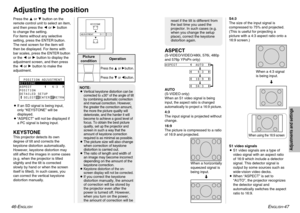 Page 24ENGLISH
-47
Adjustments and settings
46-E
NGLISH
Press the For Gbutton on the
remote control unit to select an item,
and then press the Ior Hbutton
to change the setting. 
For items without any selective
setting, press the ENTER button.
The next screen for the item will
then be displayed. For items with
bar scales, press the ENTER button
or the Ior Hbutton to display the
adjustment screen, and then press
the Ior Hbutton to make the
adjustment.
BIf an SD signal is being input,
only “KEYSTONE” will be...