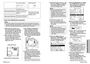 Page 30A
B
ENGLISH
-59 58-E
NGLISH
'Install the lamp unit cover, and
then use a Phillips screwdriver
to securely tighten the lamp
unit cover fixing screw.
(Connect the power cord.
)Press the POWER button so
that a picture is projected onto
the screen.
*Press the MENU button to
display the “MAIN MENU”, and
then press the For Gbutton
to select “OTHER SETUP”.
+
Press the ENTER button to display
the “OTHER SETUP” menu, and
then press the For Gbutton to
select “LAMP RUNTIME”
.
,
Press and hold the ENTER button...